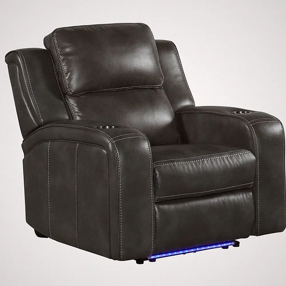 Pemberly Row Transitional Leather Dual-Power Recliner in Slate Gray